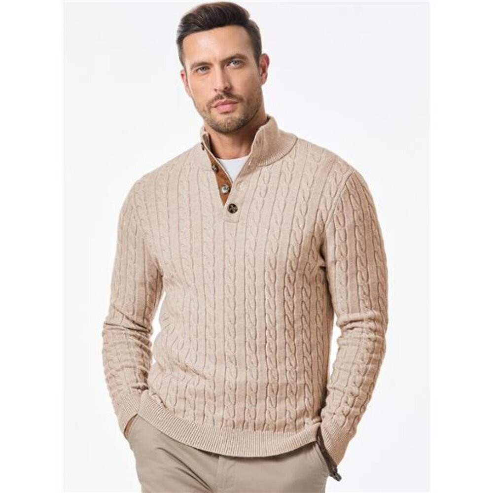 NEW Men's Cable Knit Pullover Sweater Casual Long Sleeve Stand Collar - Picture 3 of 6